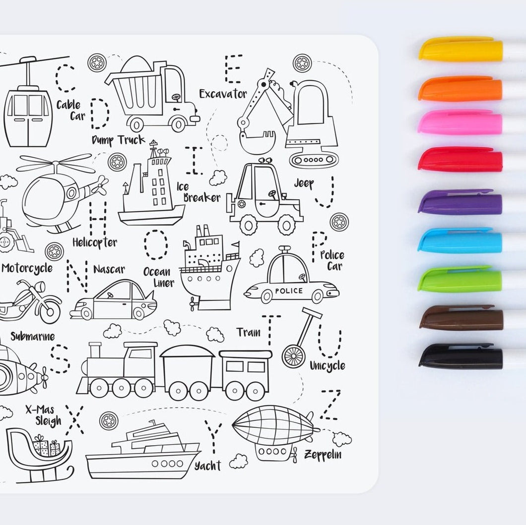 Reusable colouring mat and markers - Toot toot honk!
