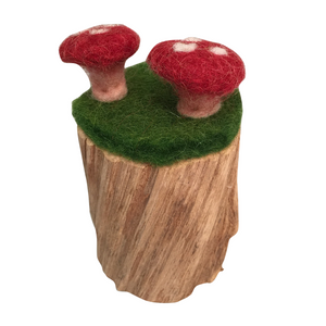 Felt toadstool with wooden trunk